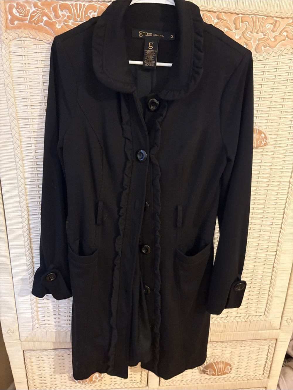 grass collection Black Ruffle-Trim Trench Coat